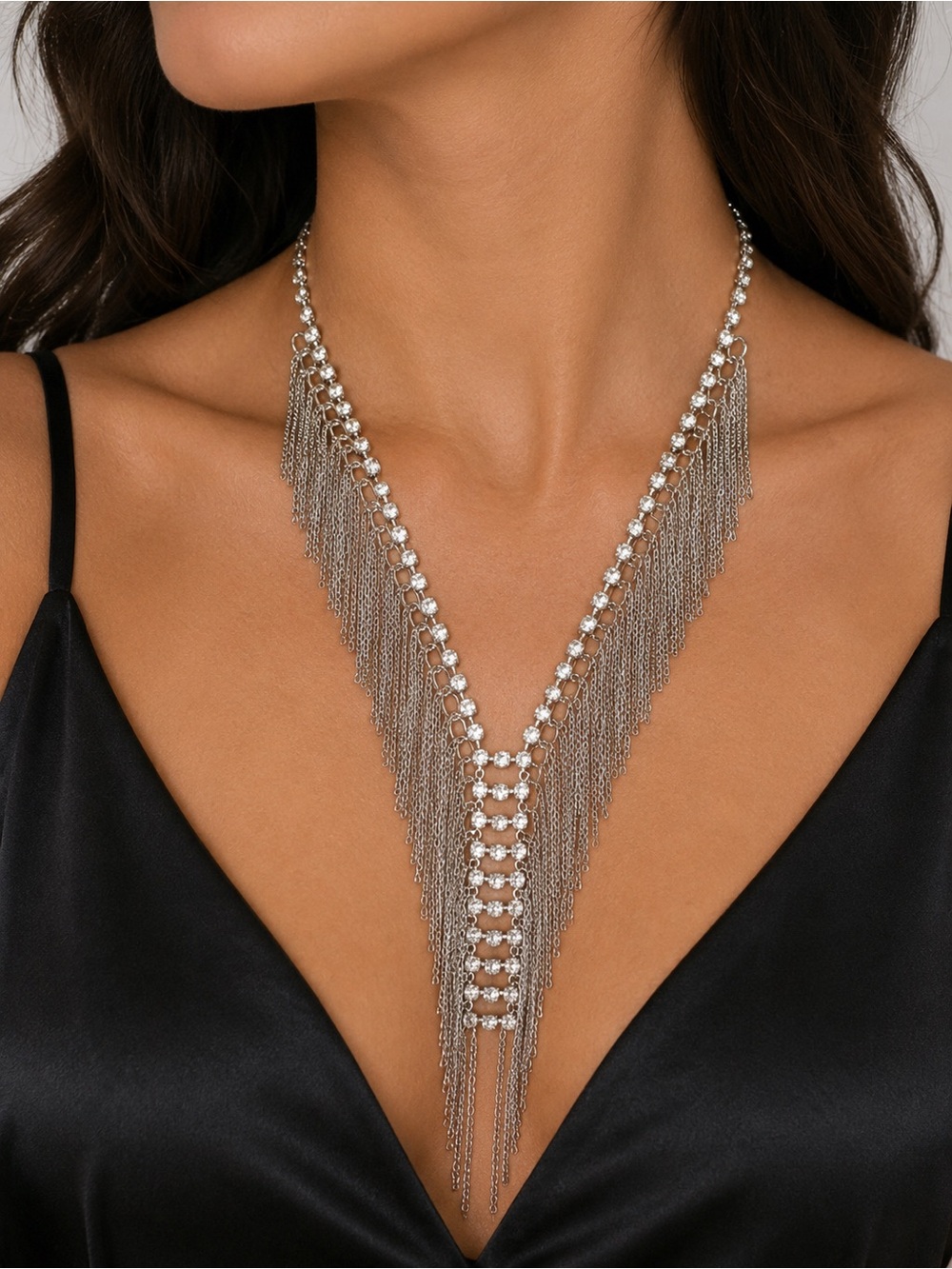 Rhinestone Multi-Strand Fringe Necklace - Silver Women's Jewelry